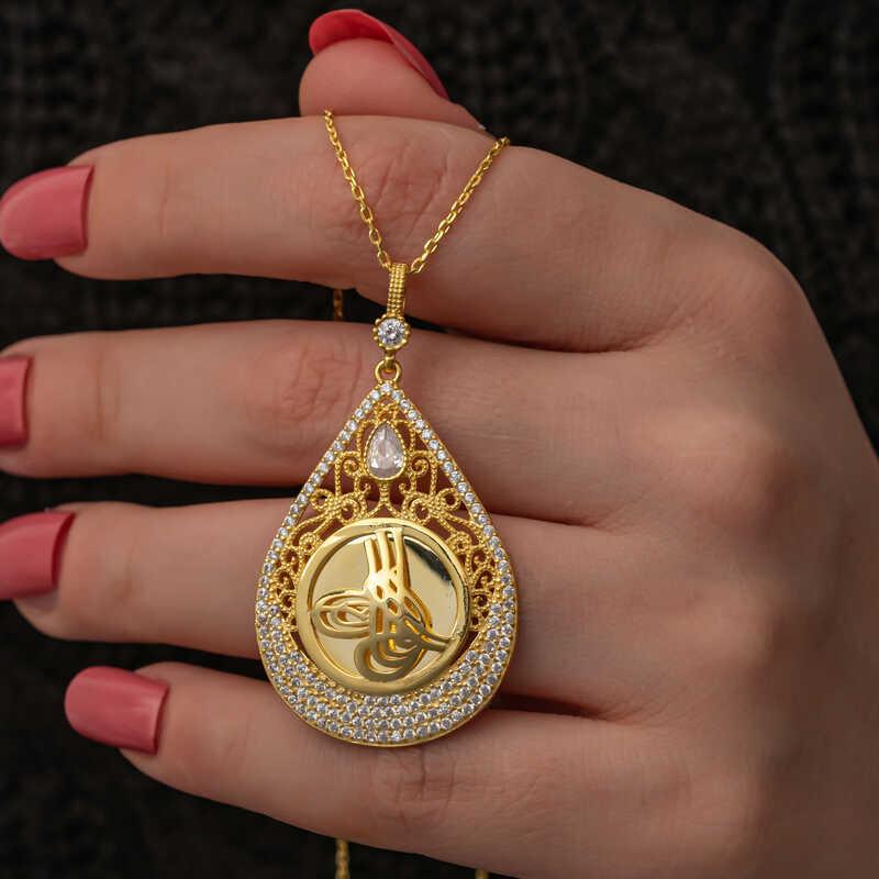 Hk Gümüş Kadın Kolye Gold Kaplama Damla Tuğralı |Gümüş Takı Hediyelik Ürünler