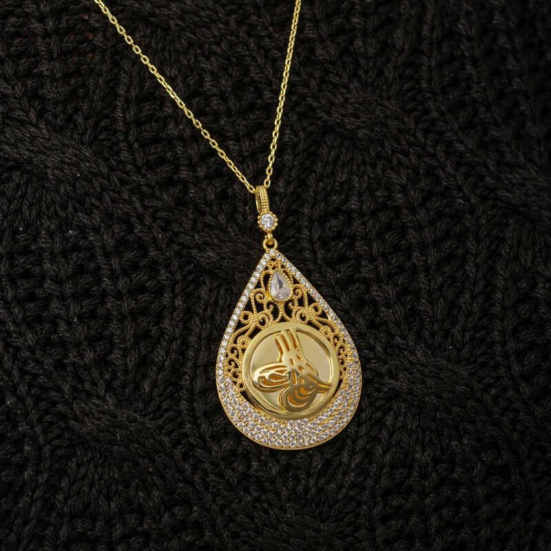 Hk Gümüş Kadın Kolye Gold Kaplama Damla Tuğralı |Gümüş Takı Hediyelik Ürünler