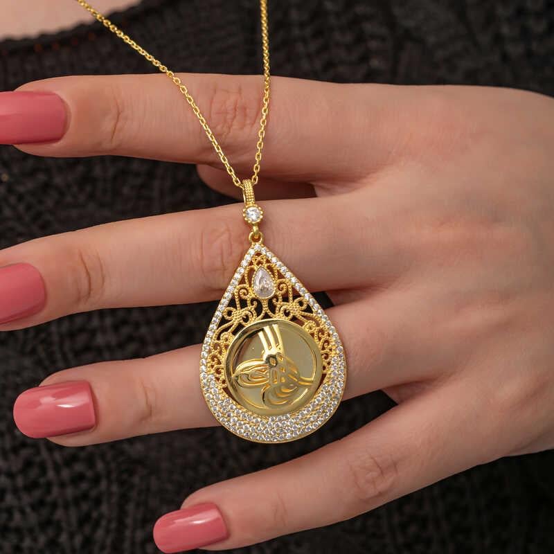 Hk Gümüş Kadın Kolye Gold Kaplama Damla Tuğralı |Gümüş Takı Hediyelik Ürünler
