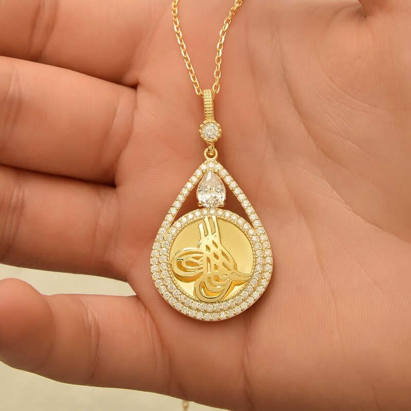 Hk Gümüş Kadın Kolye Gold Kaplama Damla Tuğralı |Gümüş Takı Hediyelik Ürünler