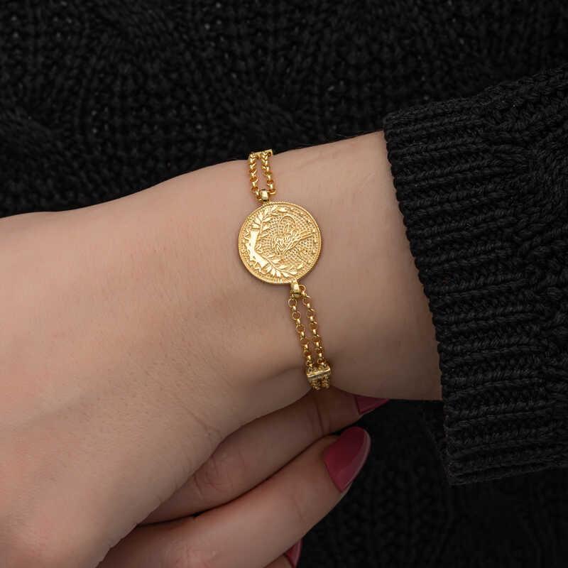 Hk Gümüş Kadın Bileklik Gold Kaplama Tuğralı |Gümüş Takı Hediyelik Ürünler