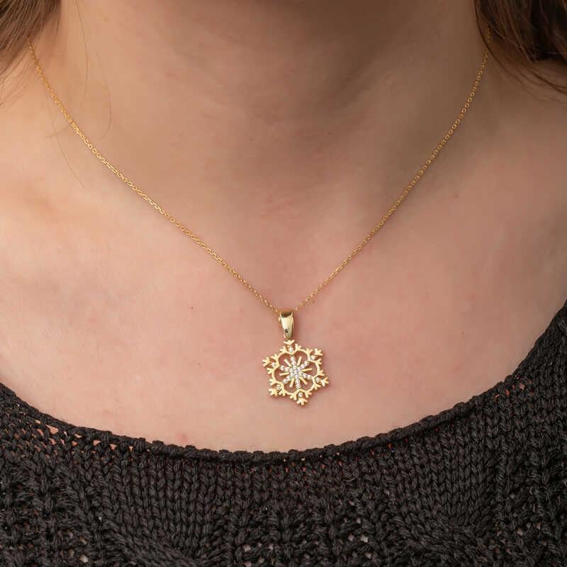 Hk Gümüş Kadın Kolye Gold Kar Tanesi |Gümüş Takı Hediyelik Ürünler