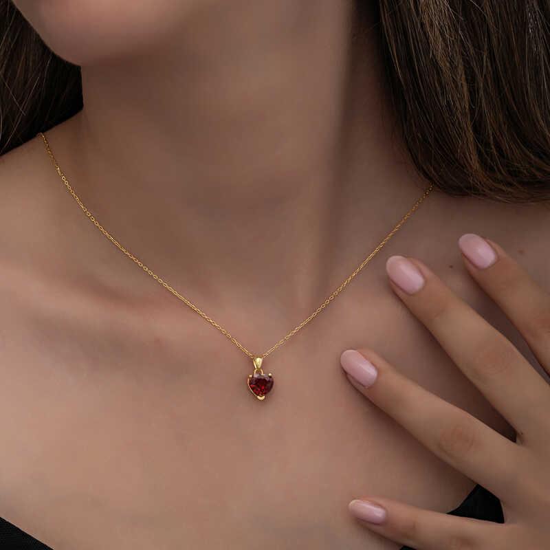 Hk Gümüş Kadın Kolye Gold Kırmızı Taşlı Kalpli |Gümüş Takı Hediyelik Ürünler