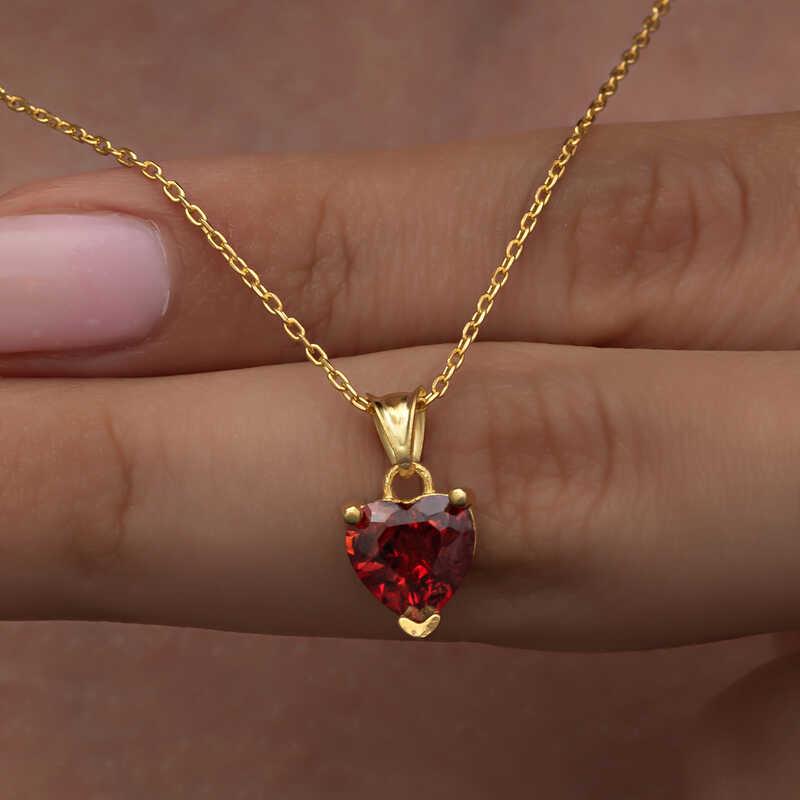 Hk Gümüş Kadın Kolye Gold Kırmızı Taşlı Kalpli |Gümüş Takı Hediyelik Ürünler