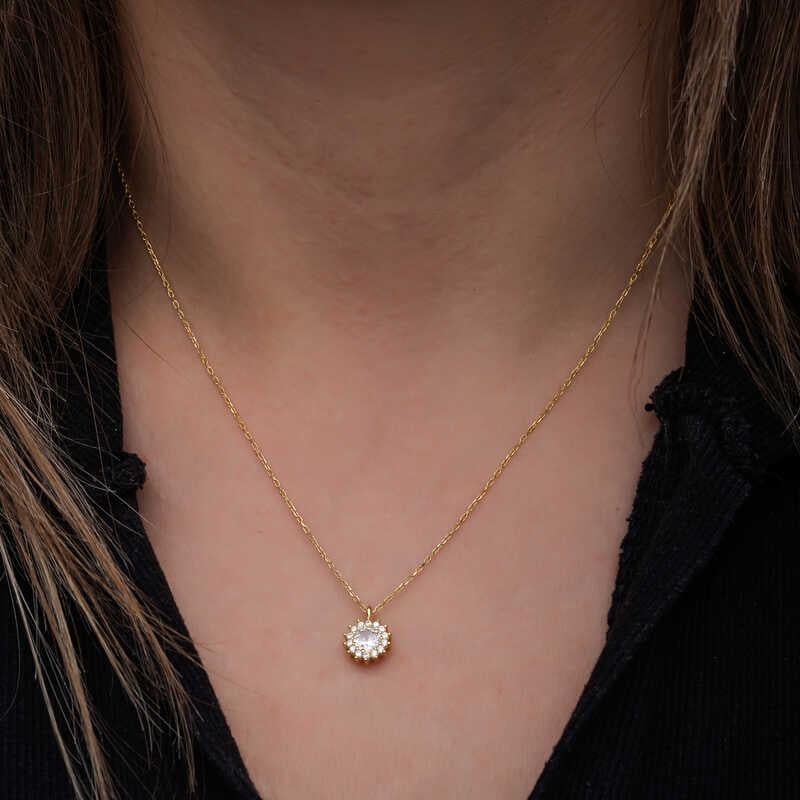 Hk Gümüş Kadın Kolye Gold Minimal Yuvarlak Anturaj |Gümüş Takı Hediyelik Ürünler