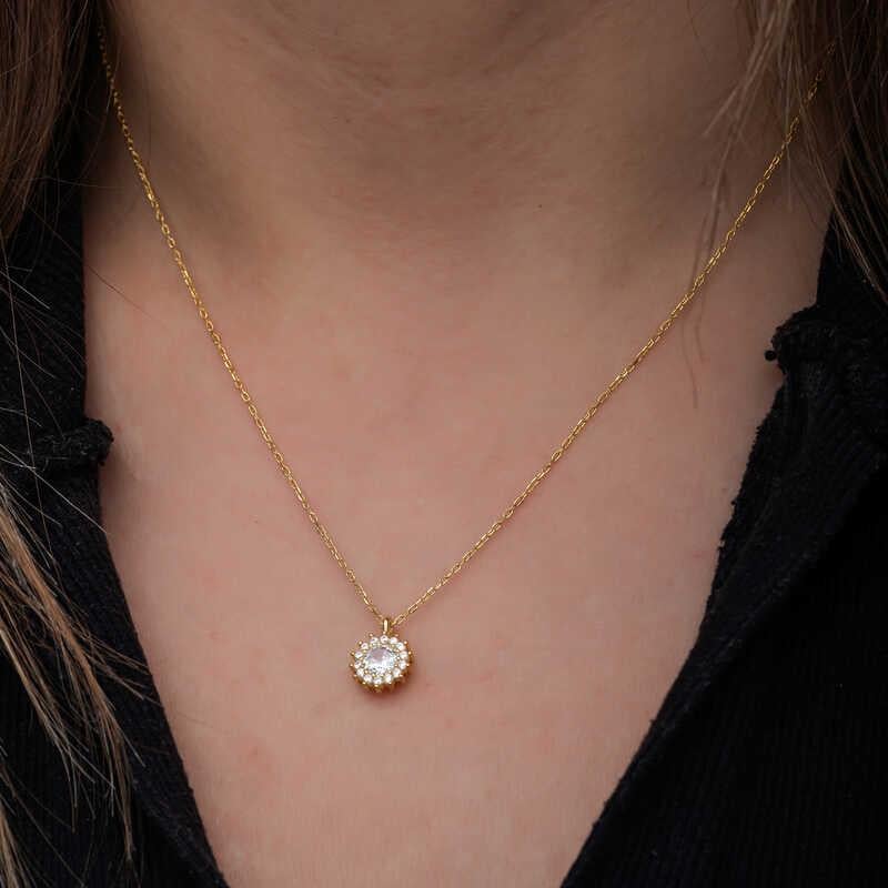 Hk Gümüş Kadın Kolye Gold Minimal Yuvarlak Anturaj |Gümüş Takı Hediyelik Ürünler