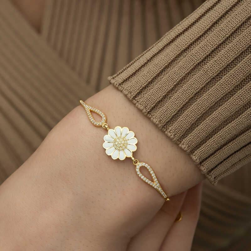 Hk ​Gümüş Kadın Bileklik Gold Papatya |Gümüş Takı Hediyelik Ürünler