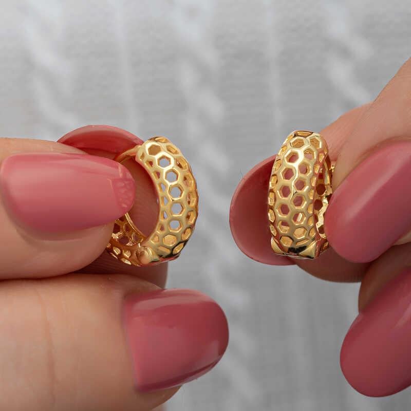Hk Gümüş Kadın Küpe Gold Petek Desenli Halka |Gümüş Takı Hediyelik Ürünler