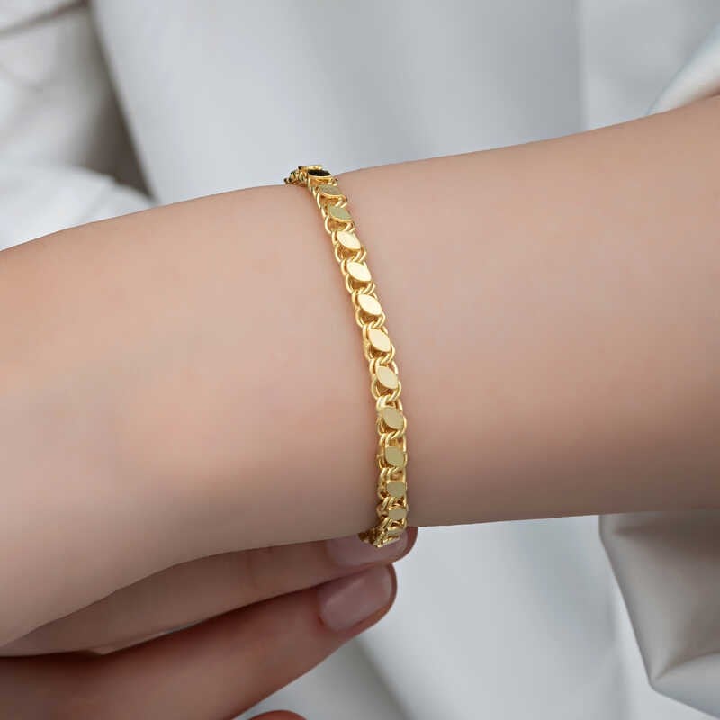 Hk Gümüş Gold Pullu Zincir Kadın Bileklik | Gümüş Takı Hediyelik Ürünler