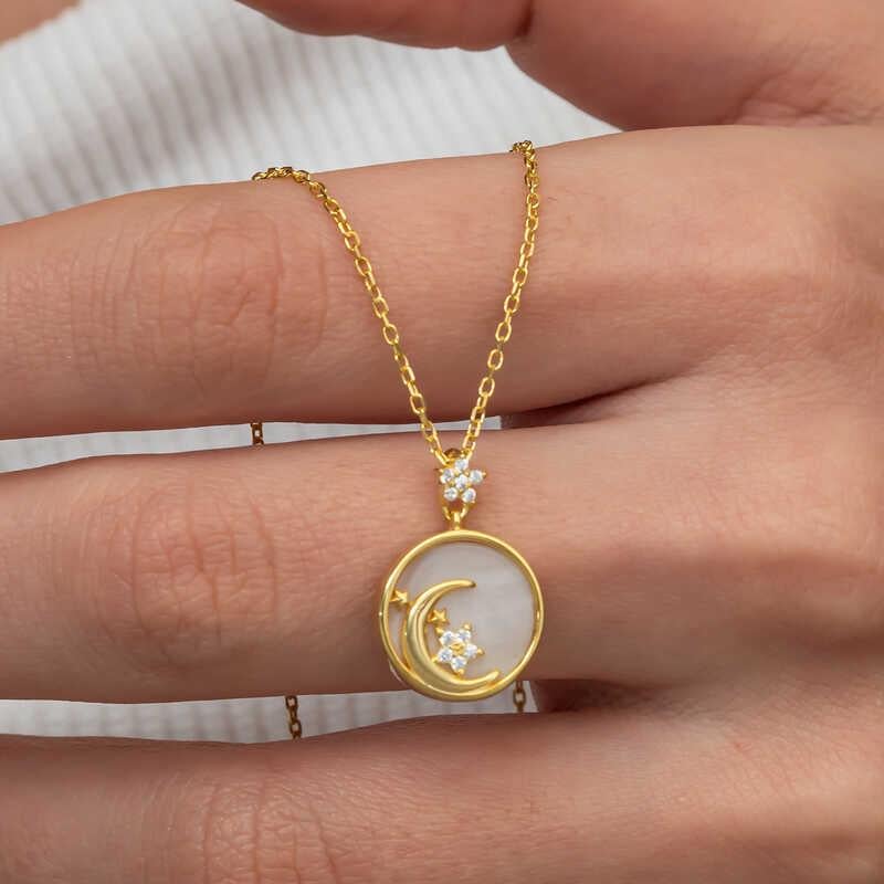 Hk Gümüş Kadın Kolye Gold Sedef Taşlı Ay Yıldız Hilal |Gümüş Takı Hediyelik Ürünler