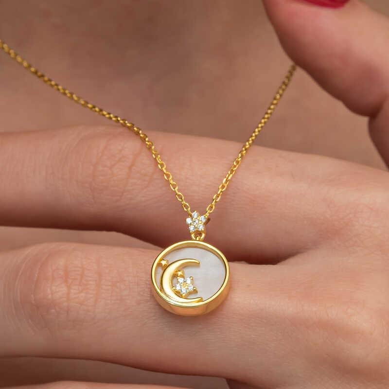 Hk Gümüş Kadın Kolye Gold Sedef Taşlı Ay Yıldız Hilal |Gümüş Takı Hediyelik Ürünler