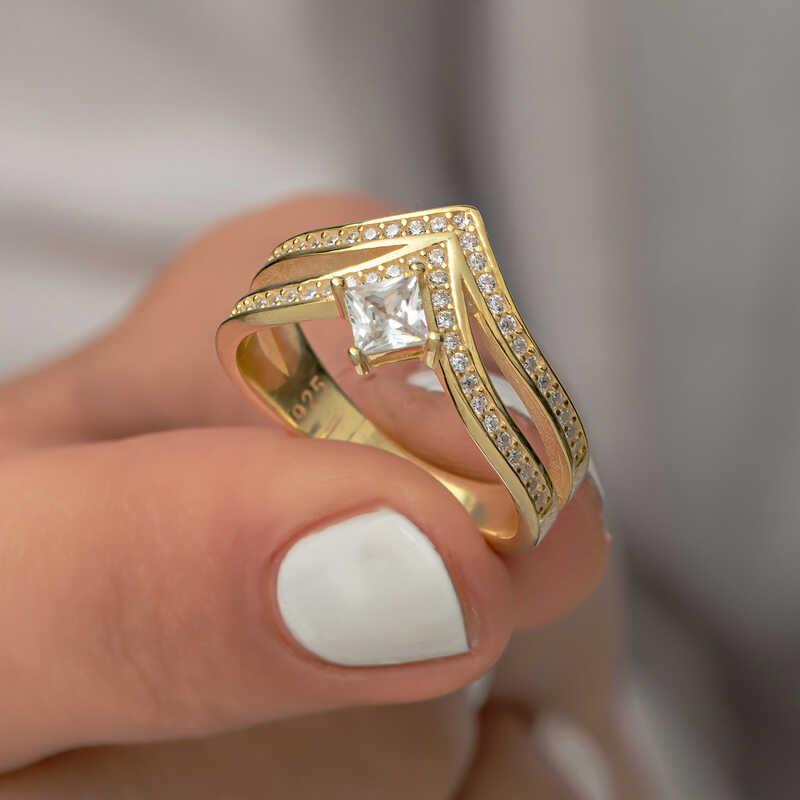 Hk Gümüş Kadın Yüzük Gold Tek Taş |Gümüş Takı Hediyelik Ürünler