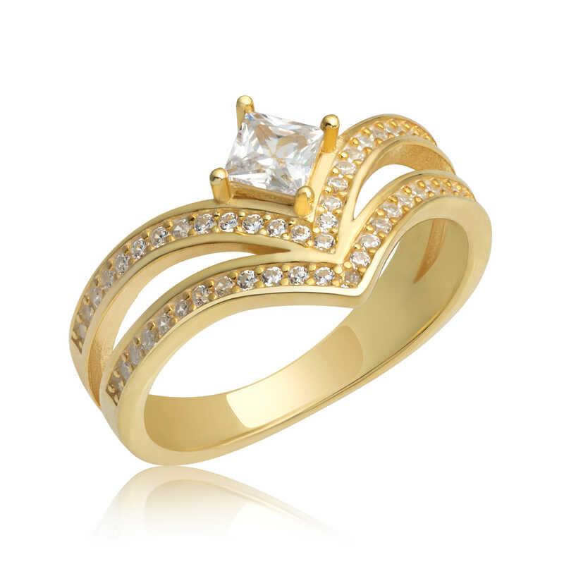 Hk Gümüş Kadın Yüzük Gold Tek Taş |Gümüş Takı Hediyelik Ürünler