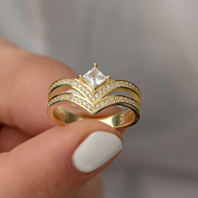 Hk Gümüş Kadın Yüzük Gold Tek Taş |Gümüş Takı Hediyelik Ürünler