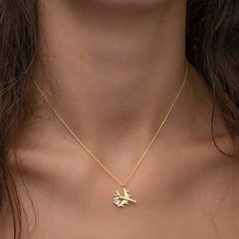 Hk Gümüş Kadın Kolye Gold Tek Taşlı Uçak |Gümüş Takı Hediyelik Ürünler