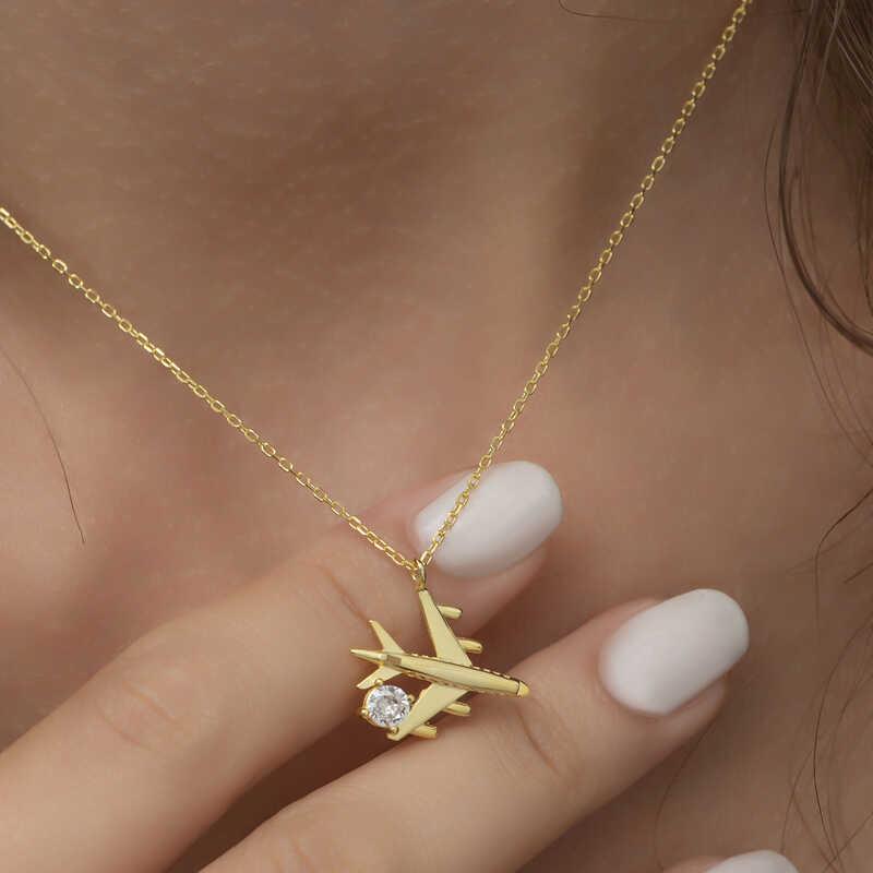 Hk Gümüş Kadın Kolye Gold Tek Taşlı Uçak |Gümüş Takı Hediyelik Ürünler