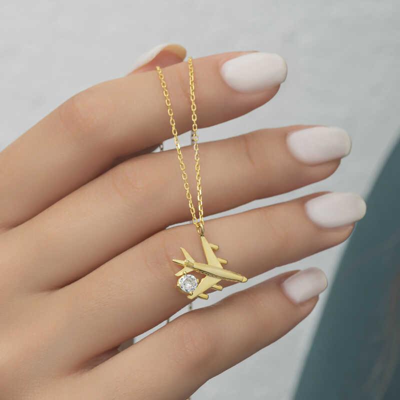 Hk Gümüş Kadın Kolye Gold Tek Taşlı Uçak |Gümüş Takı Hediyelik Ürünler