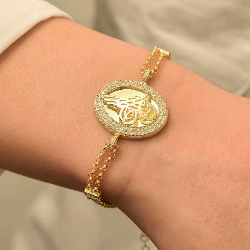 Hk Gümüş Kadın Bileklik Gold Tuğralı |Gümüş Takı Hediyelik Ürünler
