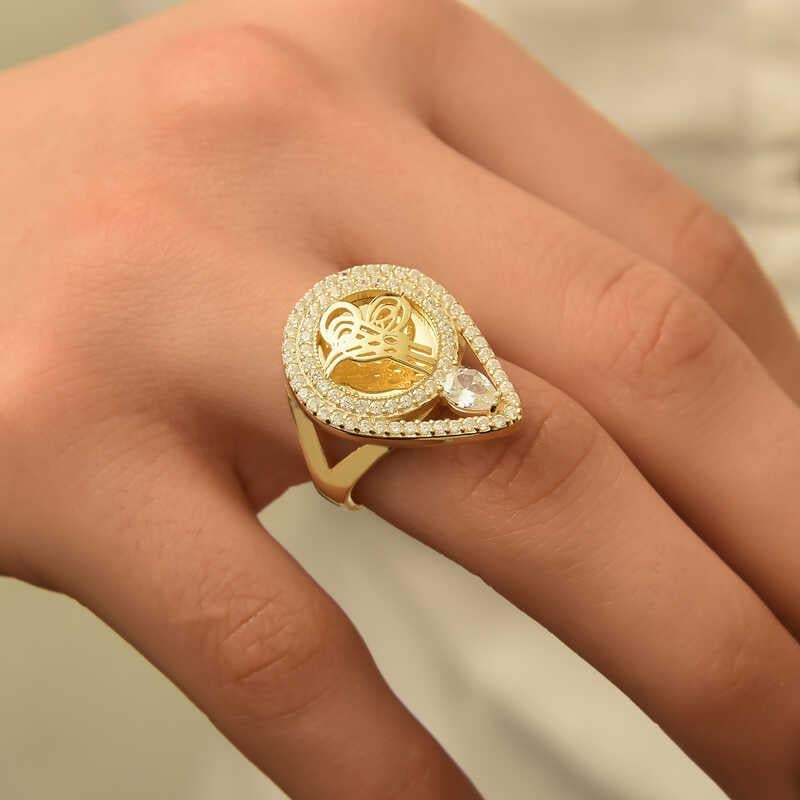 Hk Gümüş Kadın Yüzük Gold Tuğralı |Gümüş Takı Hediyelik Ürünler