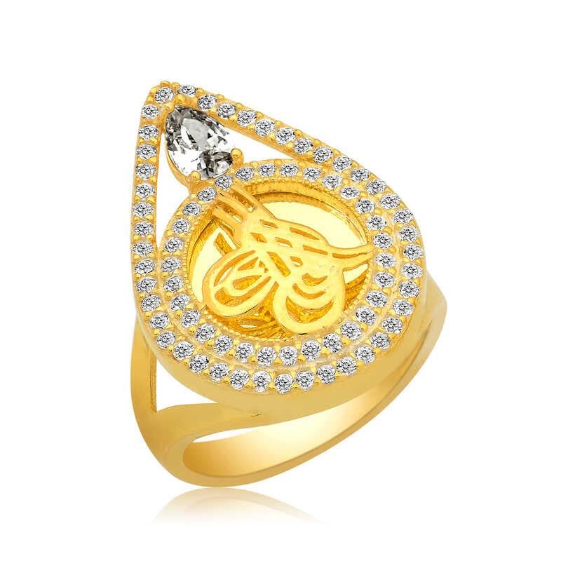 Hk Gümüş Kadın Yüzük Gold Tuğralı |Gümüş Takı Hediyelik Ürünler