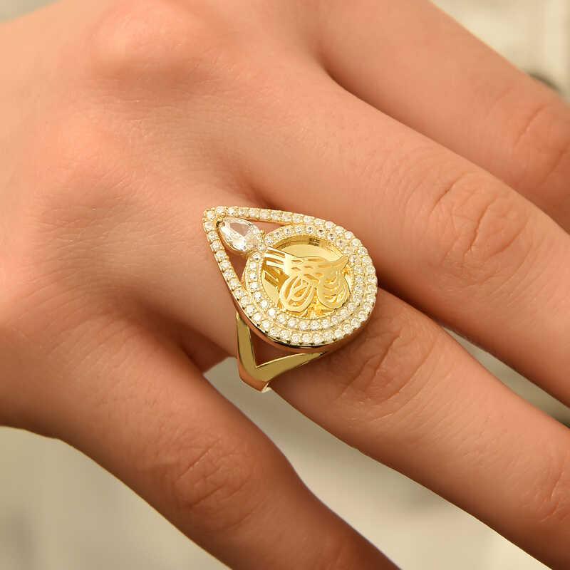 Hk Gümüş Kadın Yüzük Gold Tuğralı |Gümüş Takı Hediyelik Ürünler
