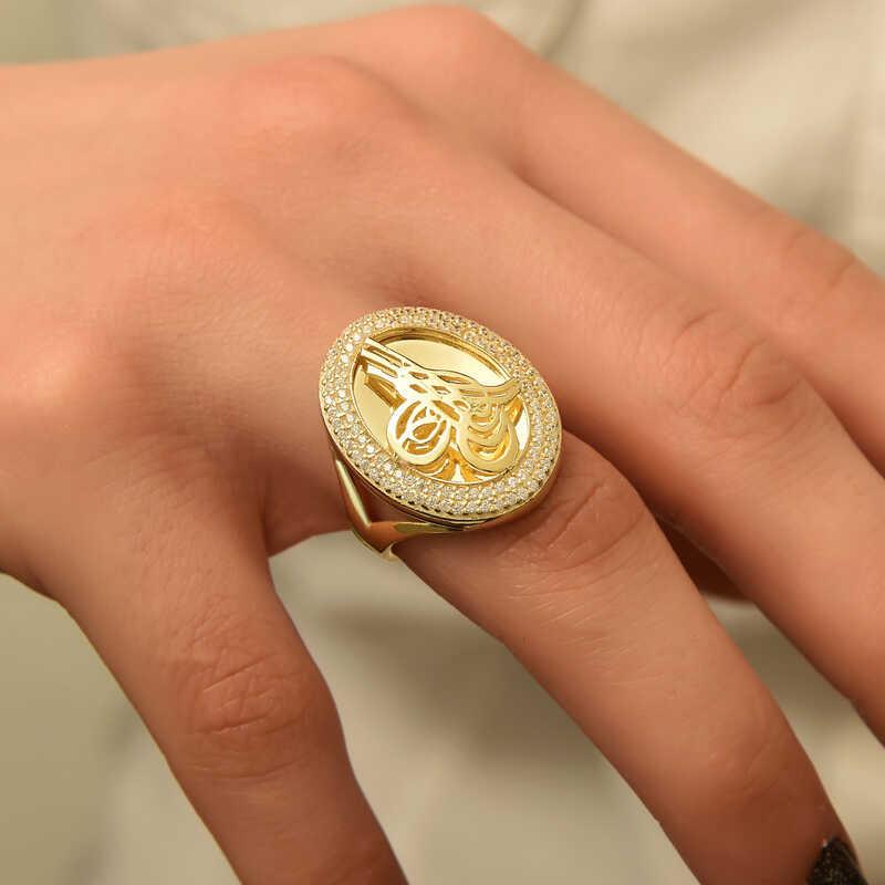 Hk Gümüş Kadın Yüzük Gold Tuğralı |Gümüş Takı Hediyelik Ürünler