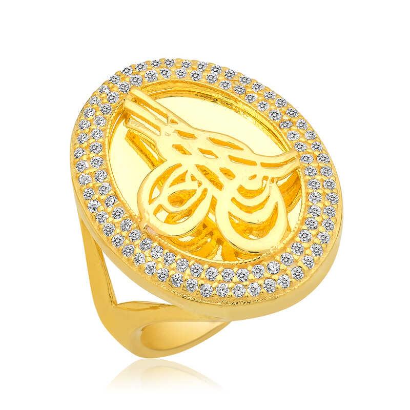 Hk Gümüş Kadın Yüzük Gold Tuğralı |Gümüş Takı Hediyelik Ürünler