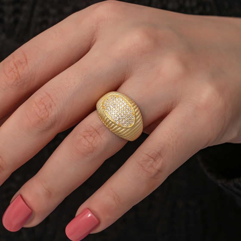 Hk Gümüş Kadın Yüzük Gold Zirkon Taşlı |Gümüş Takı Hediyelik Ürünler