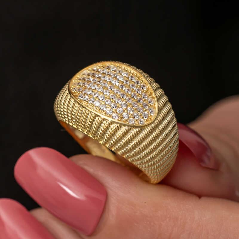 Hk Gümüş Kadın Yüzük Gold Zirkon Taşlı |Gümüş Takı Hediyelik Ürünler
