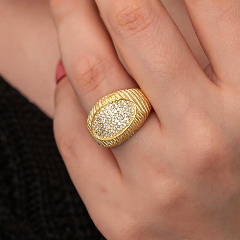 Hk Gümüş Kadın Yüzük Gold Zirkon Taşlı |Gümüş Takı Hediyelik Ürünler
