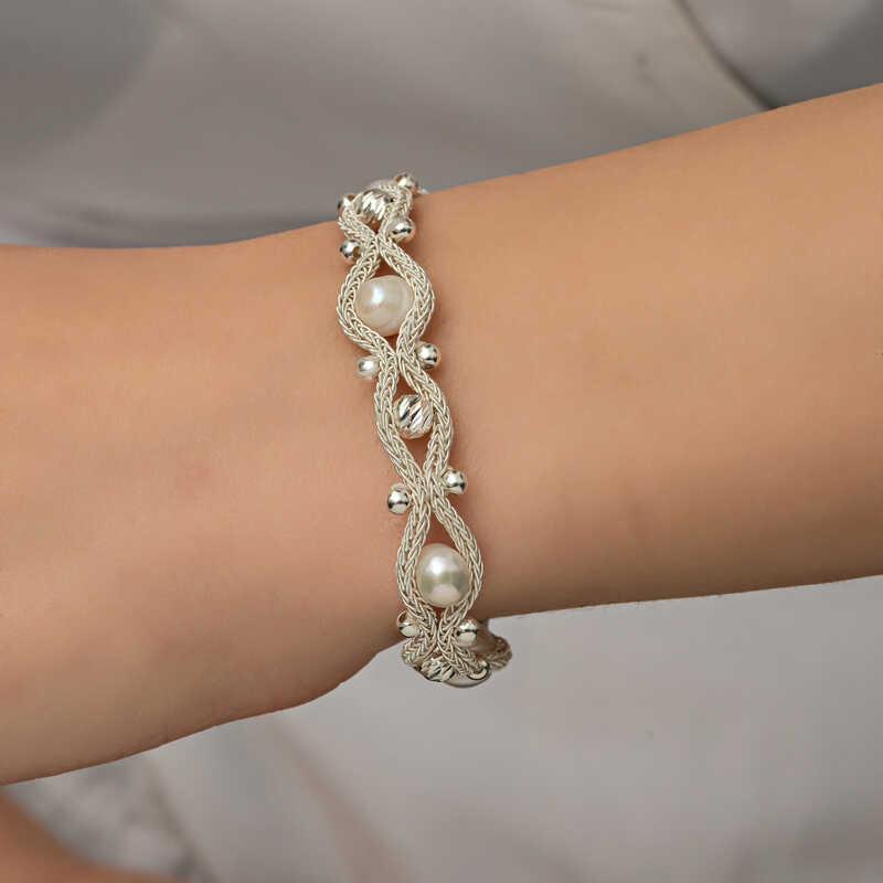 Hk Gümüş Kadın Bileklik İnci Kazaziye Örgü|Gümüş Takı Hediyelik Ürünler