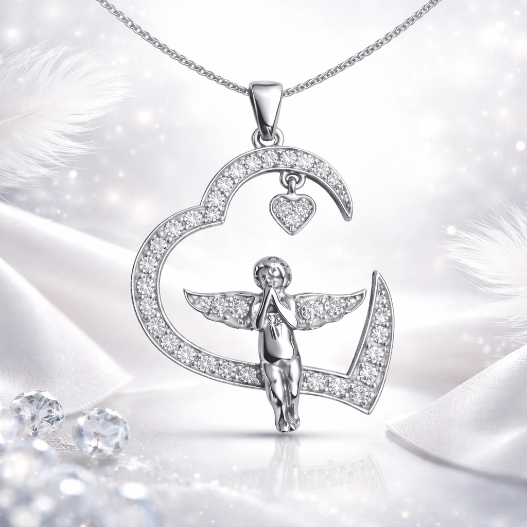 Hk Gümüş Kalpli Melek Kadın Kolye|Gümüş Takı Hediyelik Ürünler