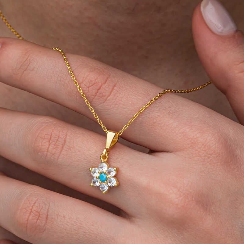 Hk Gümüş Kadın Kolye Mavi Taşlı Gold Çiçek |Gümüş Takı Hediyelik Ürünler
