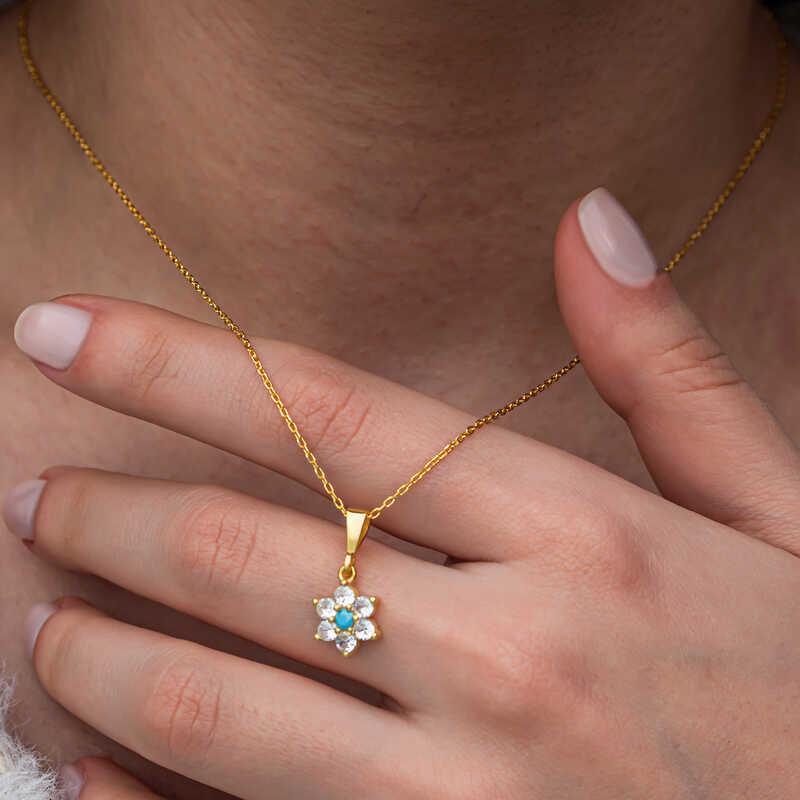 Hk Gümüş Kadın Kolye Mavi Taşlı Gold Çiçek |Gümüş Takı Hediyelik Ürünler