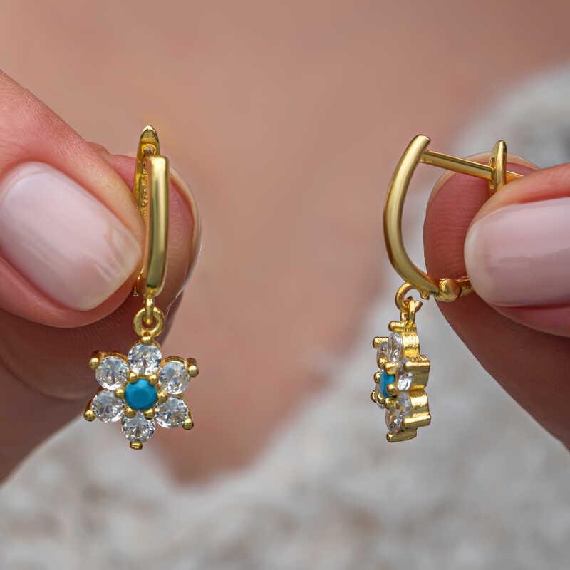 Hk Gümüş Kadın Küpe Mavi Taşlı Gold Çiçek |Gümüş Takı Hediyelik Ürünler