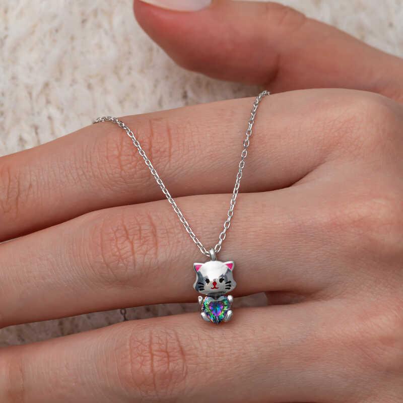 Hk Gümüş Kadın Kolye Mistik Topaz Taşlı Sevimli Kedi |Gümüş Takı Hediyelik Ürünler