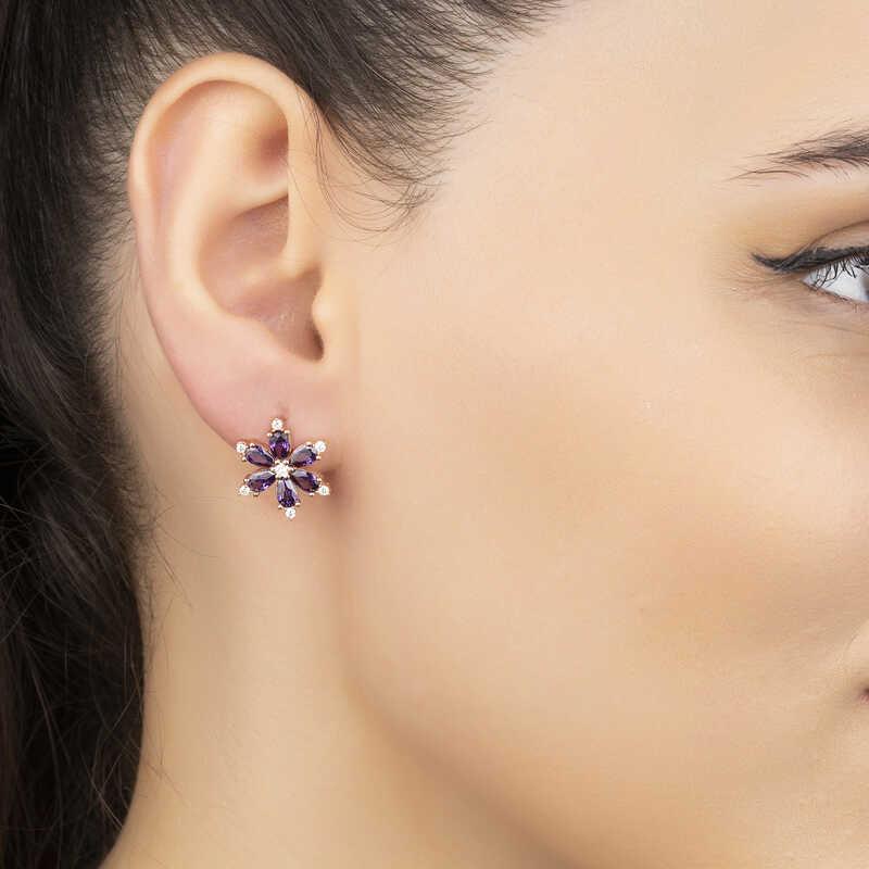 Hk Gümüş Kadın Küpe Mor Lotus Çiçeği |Gümüş Takı Hediyelik Ürünler