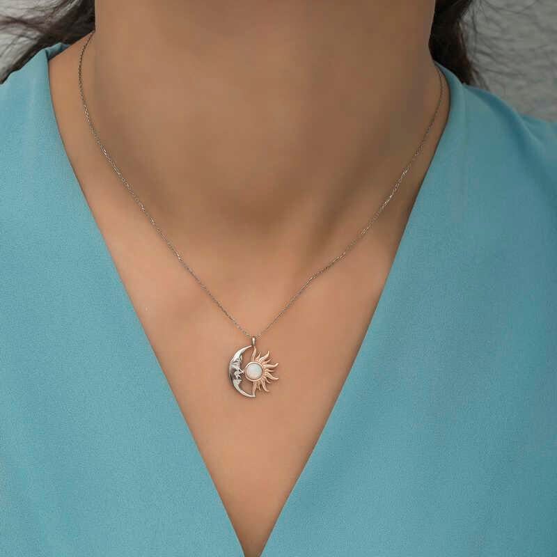 Hk Gümüş Kadın Kolye Opal Beyaz Taşlı Ay Güneş |Gümüş Takı Hediyelik Ürünler