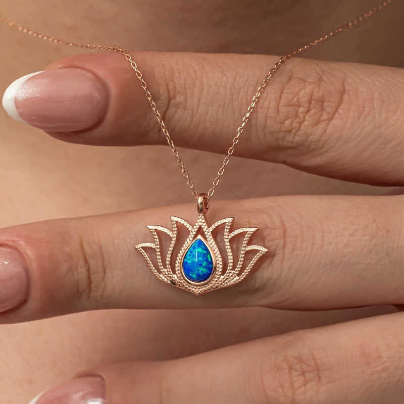 Hk Gümüş Opal Taşlı Rose Lotus Çiçeği Kolye | Gümüş Takı Hediyelik Ürünler