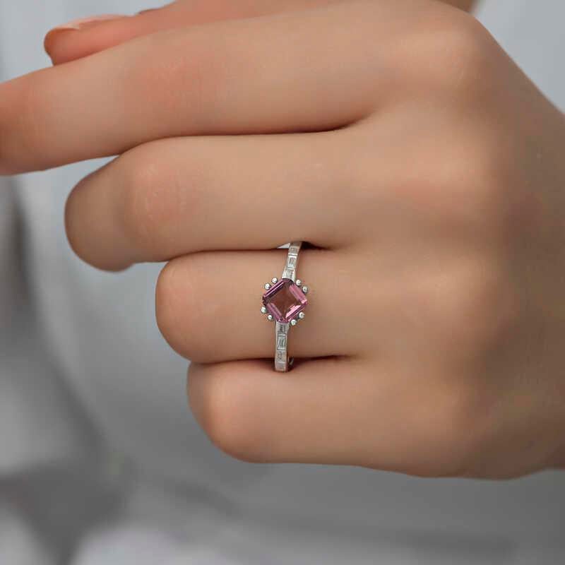 Hk Gümüş Kadın Yüzük Pembe Baget Tek Taş |Gümüş Takı Hediyelik Ürünler
