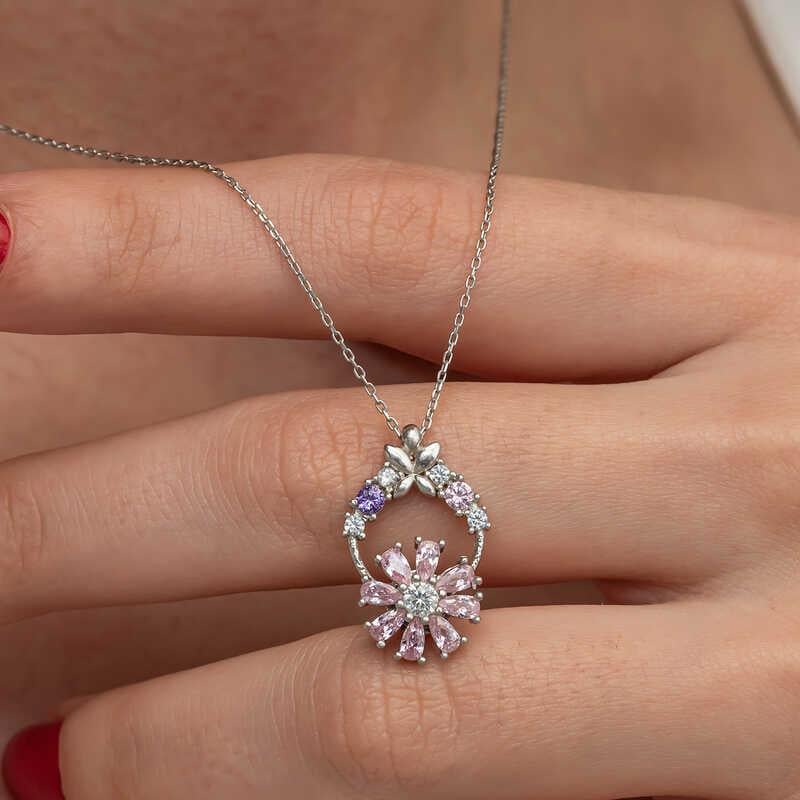 Hk Gümüş Kadın Kolye Pembe Dönen Çiçek |Gümüş Takı Hediyelik Ürünler