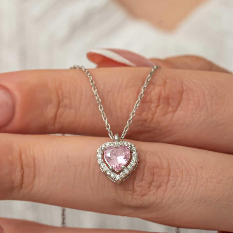 Hk Gümüş Kadın Kolye Pembe Kalp |Gümüş Takı Hediyelik Ürünler
