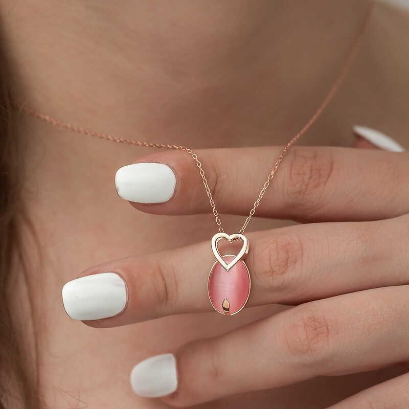Hk ​Gümüş Kadın Kolye Pembe Kedi Gözü Taşlı Kalp |Gümüş Takı Hediyelik Ürünler