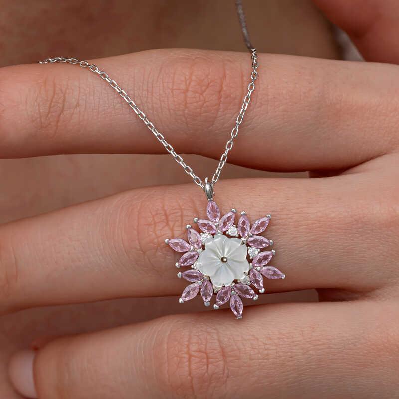 Hk Gümüş Kadın Kolye Pembe Lotus Desenli Çiçek |Gümüş Takı Hediyelik Ürünler