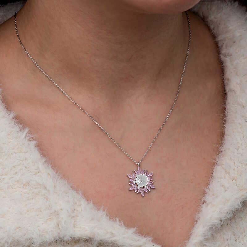 Hk Gümüş Kadın Kolye Pembe Lotus Desenli Çiçek |Gümüş Takı Hediyelik Ürünler