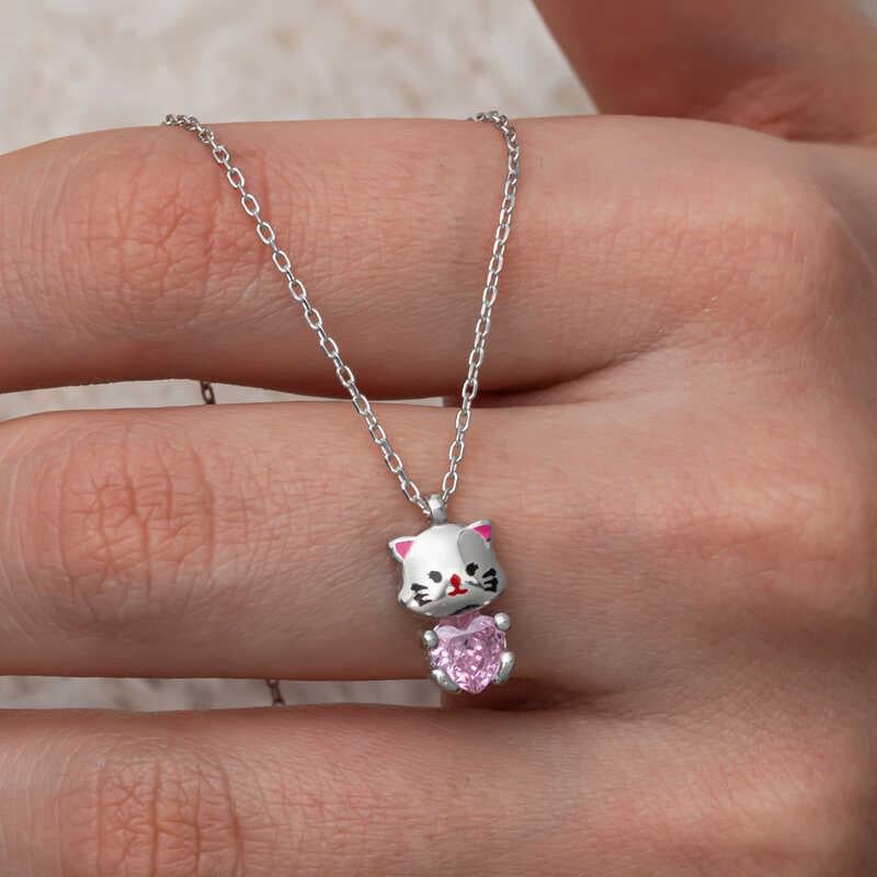 Hk Gümüş Kadın Kolye Pembe Taşlı Sevimli Kedi |Gümüş Takı Hediyelik Ürünler