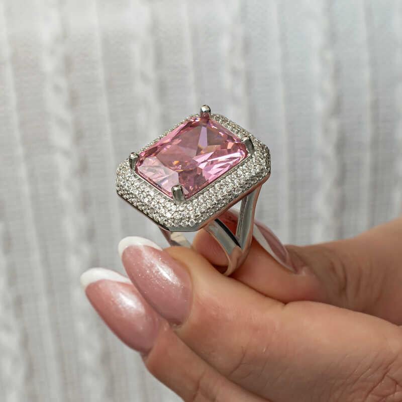 Hk Gümüş Kadın Yüzük Pembe Zirkon Taşlı |Gümüş Takı Hediyelik Ürünler