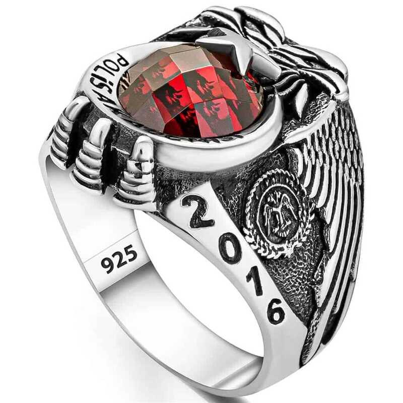 Hk Gümüş Erkek Yüzük Polis Akademisi Kırmızı Taşlı |Gümüş Takı Hediyelik Ürünler