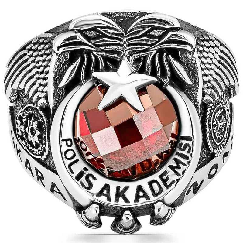 Hk Gümüş Erkek Yüzük Polis Akademisi Kırmızı Taşlı |Gümüş Takı Hediyelik Ürünler