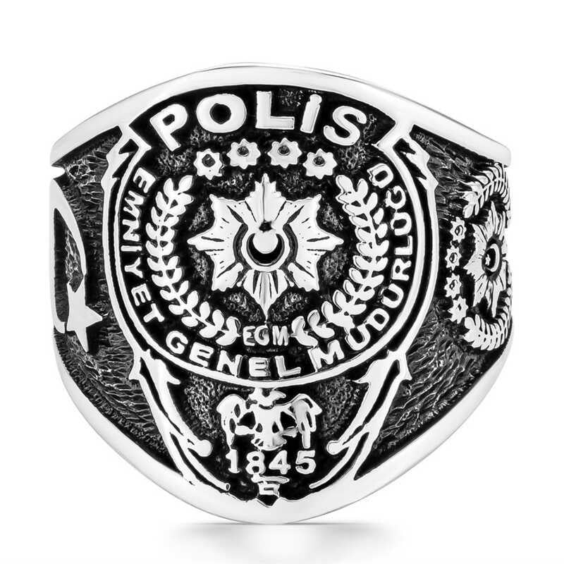 Hk Gümüş Erkek Yüzük Polis Armalı Türk Desenli |Gümüş Takı Hediyelik Ürünler